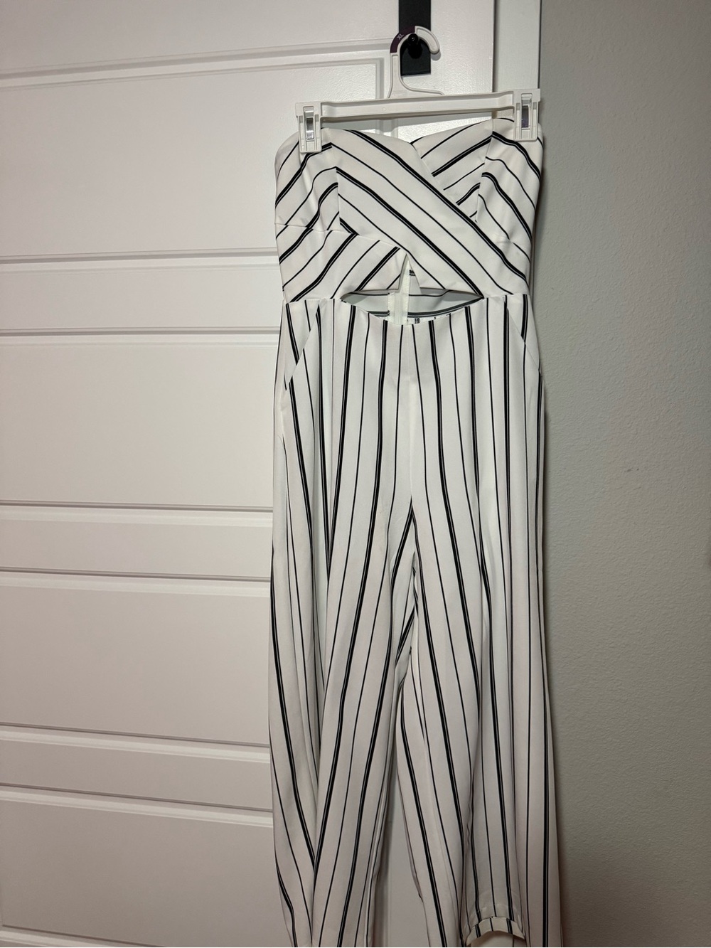 privy White Strapless Pinstripe Cutout Jumpsuit with Black Stripes